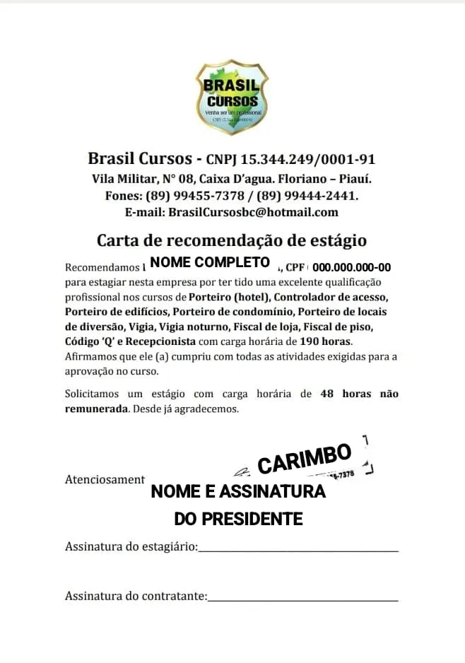 Modelo de carta de recomendação de estágio da Brasil Cursos